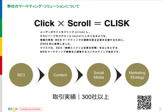 Proprietary and Confidential 
弊社のマーケティング・ソリューションについて 
2 
SEO 
Content 
Social Media 
Marketing 
Strategy 
取引実績｜300社以上  