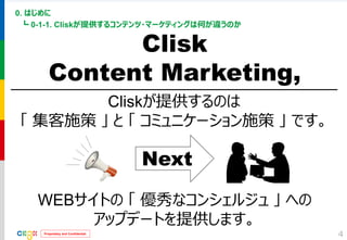 Proprietary and Confidential 
0. はじめに 
┗ 0-1-1. Cliskが提供するコンテンツ・マーケティングは何が違うのか 
4 
Clisk 
Content Marketing, 
Cliskが提供するのは 
「 集客施策 」 と 「 コミュニケーション施策 」 です。 
Next 
WEBサイトの 「 優秀なコンシェルジュ 」 への 
アップデートを提供します。  