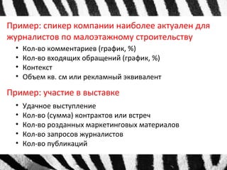Пример: спикер компании наиболее актуален для 
журналистов по малоэтажному строительству 
• Кол-во комментариев (график, %) 
• Кол-во входящих обращений (график, %) 
• Контекст 
• Объем кв. см или рекламный эквивалент 
Пример: участие в выставке 
• Удачное выступление 
• Кол-во (сумма) контрактов или встреч 
• Кол-во розданных маркетинговых материалов 
• Кол-во запросов журналистов 
• Кол-во публикаций 
 