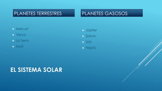 EL SISTEMA SOLAR
PLANETES TERRESTRES
 Mercuri
 Venus
 La Terra
 Mart
PLANETES GASOSOS
 Júpiter
 Saturn
 Urà
 Neptú
 