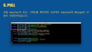 6. Pull
로컬 master의 Git 그래프를 확인하면 프로젝트 master에 Merge된 내
용이 반영되어있습니다.
 