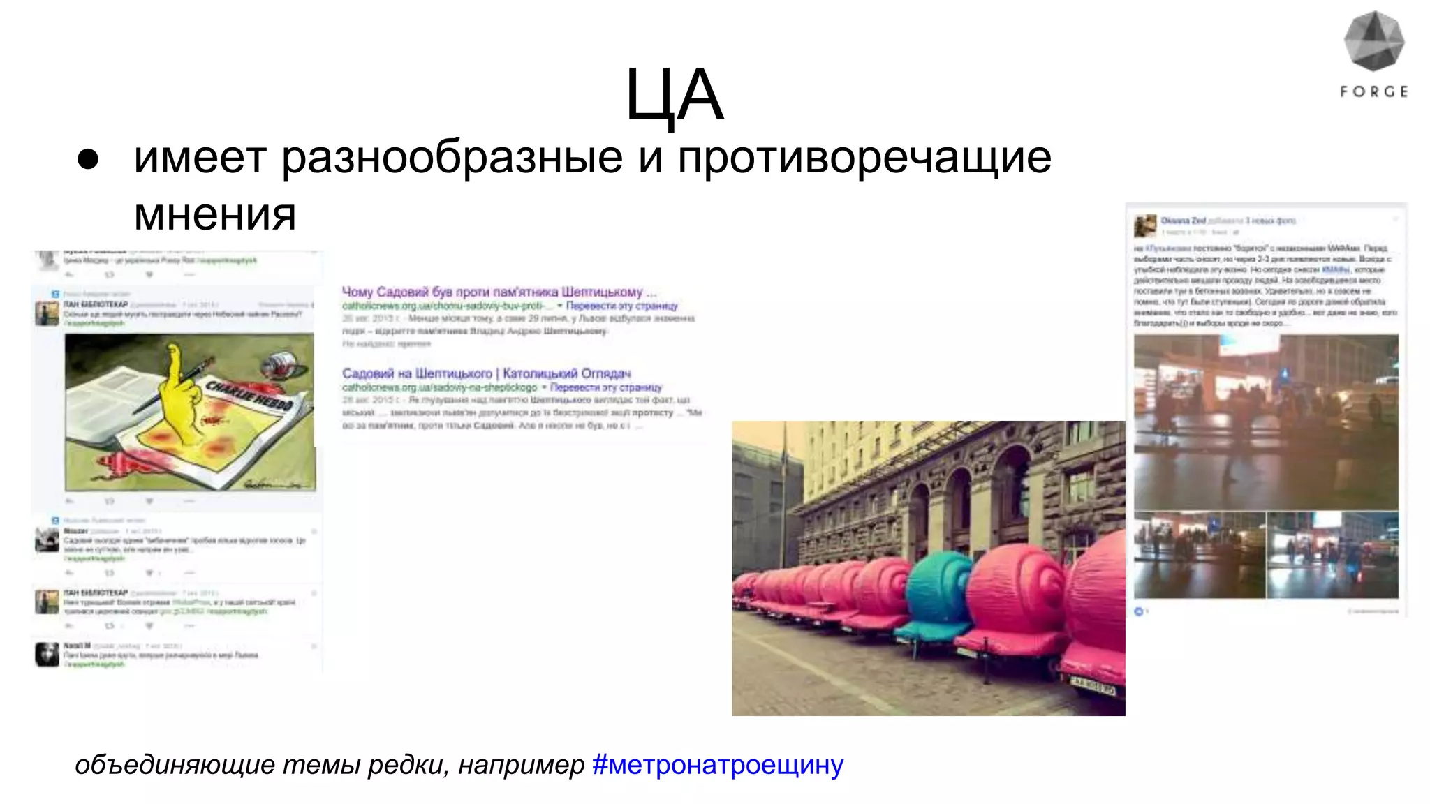 ЦА
● имеет разнообразные и противоречащие
мнения
объединяющие темы редки, например #метронатроещину
 