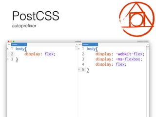 PostCSS
autopreﬁxer
 