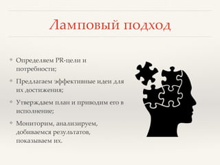 Ламповый подход
❖ Определяем PR-цели и
потребности;
❖ Предлагаем эффективные идеи для
их достижения;
❖ Утверждаем план и приводим его в
исполнение;
❖ Мониторим, анализируем,
добиваемся результатов,
показываем их.
 