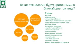 Какие технологии будут критичными в
ближайшие три года?
СЕТЕВЫЕ
КОММУНИКАЦИИ
ДОПОЛНЕННАЯ
РЕАЛЬНОСТЬ
ОБЛАЧНЫЕ
ТЕХНОЛОГИИ
ТАРГЕТИНГ
МЕССЕНДЖЕРЫ
ИСКУССТВЕННЫЙ
ИНТЕЛЛЕКТ
А также:
Big Data
видеохостинги
мультимедиаобучение
уберизация (автоматизация) процессов
автоматизированные сервисы, боты
интернет вещей
мобильные технологии
AR/VR и голосовой поиск
машинное обучение
нейронные сети
искусственный интеллект
предиктивная аналитика
умные города
новые объединения
общение с людьми
оценка эффективности PR в деньгах
 