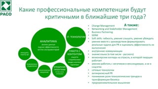 • Change Management
• Networking and Stakeholder Management
• Business Partnering
• SERM
• Soft skills: гибкость, умение слышать, умение убеждать
• умение вместе с руководством формулировать
реальные задачи для PR и оценивать эффективность их
выполнения
• внутренние коммуникации
• знание языка (в том числе - русского)
• визионерские взгляды на отрасль, в которой пиарщик
работает
• умение работать с негативом в мессенджерах, а не в
соцсетях
• сетевые технологии
• антикризисный PR
• понимание роли технологических трендов в
трансформации бизнеса
• предпринимательское мышление
Какие профессиональные компетенции будут
критичными в ближайшие три года?
А также:
АНАЛИТИКА
анализ данных
оценка эффективности
on-line инструментарий
IT- ТЕХНОЛОГИИ
СТРАТЕГИЧЕСКОЕ
МЫШЛЕНИЕ
УПРАВЛЕНИЕ
ПРОЕКТАМИ
(в том числе
сетевыми)
РАБОТА С
КОНТЕНТОМ
соцсети
сторителлинг
видео-контент
таргетингПСИХОЛОГИЯ И
СОЦИОЛОГИЯ
ПРИНЦИПЫ
РАБОТЫ SM
 