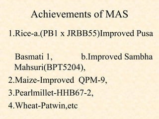 Achievements of MAS
1.Rice-a.(PB1 x JRBB55)Improved Pusa
Basmati 1, b.Improved Sambha
Mahsuri(BPT5204),
2.Maize-Improved QPM-9,
3.Pearlmillet-HHB67-2,
4.Wheat-Patwin,etc
 
