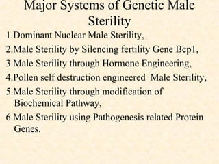Major Systems of Genetic Male
Sterility
1.Dominant Nuclear Male Sterility,
2.Male Sterility by Silencing fertility Gene Bcp1,
3.Male Sterility through Hormone Engineering,
4.Pollen self destruction engineered Male Sterility,
5.Male Sterility through modification of
Biochemical Pathway,
6.Male Sterility using Pathogenesis related Protein
Genes.
 