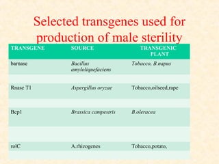 Selected transgenes used for
production of male sterility
TRANSGENE SOURCE TRANSGENIC
PLANT
barnase Bacillus
amyloliquefaciens
Tobacco, B.napus
Rnase T1 Aspergillus oryzae Tobacco,oilseed,rape
Bcp1 Brassica campestris B.oleracea
rolC A.rhizogenes Tobacco,potato,
 