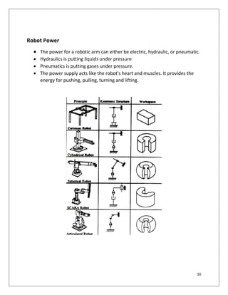 16
Robot Power
 The power for a robotic arm can either be electric, hydraulic, or pneumatic.
 Hydraulics is putting liquids under pressure
 Pneumatics is putting gases under pressure.
 The power supply acts like the robot's heart and muscles. It provides the
energy for pushing, pulling, turning and lifting.
 