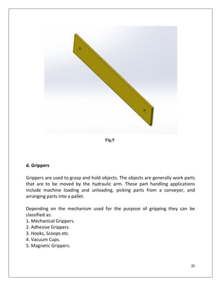 35
Fig.5
d. Grippers
Grippers are used to grasp and hold objects. The objects are generally work parts
that are to be moved by the hydraulic arm. These part handling applications
include machine loading and unloading, picking parts from a conveyor, and
arranging parts into a pallet.
Depending on the mechanism used for the purpose of gripping they can be
classified as:
1. Mechanical Grippers.
2. Adhesive Grippers.
3. Hooks, Scoops etc.
4. Vacuum Cups.
5. Magnetic Grippers.
 