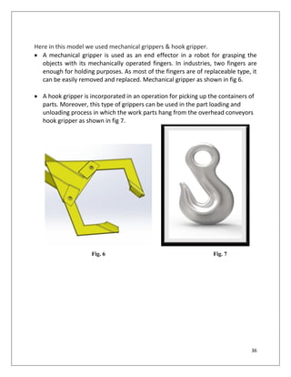36
Here in this model we used mechanical grippers & hook gripper.
 A mechanical gripper is used as an end effector in a robot for grasping the
objects with its mechanically operated fingers. In industries, two fingers are
enough for holding purposes. As most of the fingers are of replaceable type, it
can be easily removed and replaced. Mechanical gripper as shown in fig 6.
 A hook gripper is incorporated in an operation for picking up the containers of
parts. Moreover, this type of grippers can be used in the part loading and
unloading process in which the work parts hang from the overhead conveyors
hook gripper as shown in fig 7.
Fig. 6 Fig. 7
 