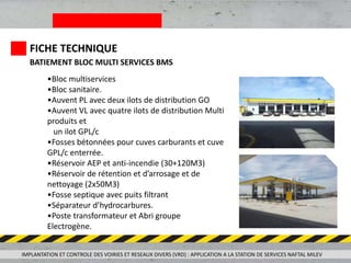 BATIEMENT BLOC MULTI SERVICES BMS
•Bloc multiservices
•Bloc sanitaire.
•Auvent PL avec deux ilots de distribution GO
•Auvent VL avec quatre ilots de distribution Multi
produits et
un ilot GPL/c
•Fosses bétonnées pour cuves carburants et cuve
GPL/c enterrée.
•Réservoir AEP et anti-incendie (30+120M3)
•Réservoir de rétention et d’arrosage et de
nettoyage (2x50M3)
•Fosse septique avec puits filtrant
•Séparateur d’hydrocarbures.
•Poste transformateur et Abri groupe
Electrogène.
FICHE TECHNIQUE
IMPLANTATION ET CONTROLE DES VOIRIES ET RESEAUX DIVERS (VRD) : APPLICATION A LA STATION DE SERVICES NAFTAL MILEV
 