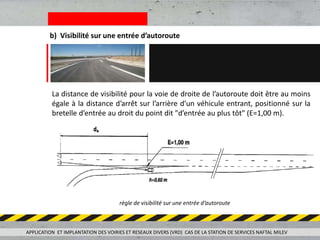 APPLICATION ET IMPLANTATION DES VOIRIES ET RESEAUX DIVERS (VRD) CAS DE LA STATION DE SERVICES NAFTAL MILEV
La distance de visibilité pour la voie de droite de l’autoroute doit être au moins
égale à la distance d’arrêt sur l’arrière d’un véhicule entrant, positionné sur la
bretelle d’entrée au droit du point dit "d’entrée au plus tôt" (E=1,00 m).
b) Visibilité sur une entrée d’autoroute
règle de visibilité sur une entrée d’autoroute
 