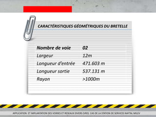 APPLICATION ET IMPLANTATION DES VOIRIES ET RESEAUX DIVERS (VRD) CAS DE LA STATION DE SERVICES NAFTAL MILEV
Nombre de voie 02
Largeur 12m
Longueur d’entrée 471.603 m
Longueur sortie 537.131 m
Rayon >1000m
CARACTÉRISTIQUES GÉOMÉTRIQUES DU BRETELLE
 