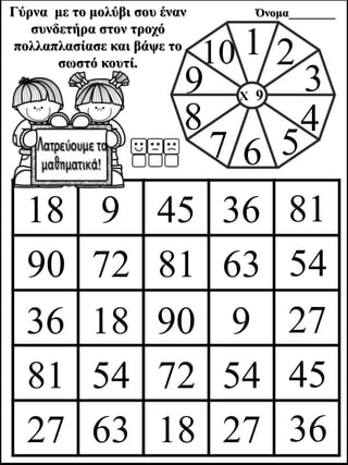 18 9 45 36 81
90 72 81 63 54
36 18 90 9 27
81 54 72 54 45
27 63 18 27 36
Γύρνα με το μολύβι σου έναν
συνδετήρα στον τροχό
πολλαπλασίασε και βάψε το
σωστό κουτί.
Όνομα________
X 9
1 2
3
4
567
8
9
10
 