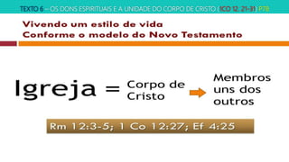 TEXTO 6 – OS DONS ESPIRITUAIS E A UNIDADE DO CORPO DE CRISTO (1CO 12. 21-31) P78
 
