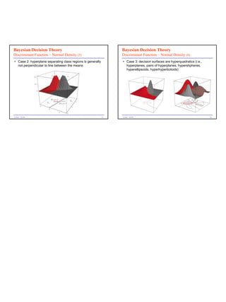 Bayesian Decision Theory                                          Bayesian Decision Theory
Discriminant Function – Normal Density (5)                        Discriminant Function – Normal Density (6)
• Case 2: hyperplane separating class regions is generally        • Case 3: decision surfaces are hyperquadratics (i.e.,
  not perpendicular to line between the means                       hyperplanes, pairs of hyperplanes, hypershpheres,
                                                                    hyperellipsoids, hyperhyperboloids)




G.Seni – Q1/04                                               25   G.Seni – Q1/04                                           26
 