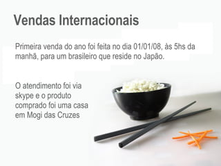 Vendas Internacionais Primeira venda do ano foi feita no dia 01/01/08, às 5hs da manhã, para um brasileiro que reside no Japão. O atendimento foi via skype e o produto comprado foi uma casa em Mogi das Cruzes 
