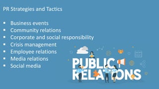 PR Strategies and Tactics
§ Business events
§ Community relations
§ Corporate and social responsibility
§ Crisis management
§ Employee relations
§ Media relations
§ Social media
 