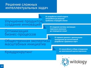 Решение сложных
интеллектуальных задач
37
Улучшение продуктов,
cоздание инноваций
Оптимизация
бизнес-процессов
Общественная экспертиза
масштабных инициатив
Краудрекрутинг
От создания системы мотивации
персонала компании
до сокращения затрат
От прямого диалога с деятельными
гражданами до коллективной
разработки «дорожных карт»
От масштабного отбора сотрудников
до комплексной оценки персонала
От разработки новой модели
автомобиля до решения
проблемы очередей в банке
 