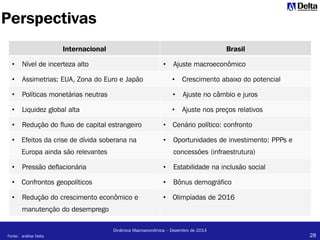 28
Dinâmica Macroeconômica – Dezembro de 2014
Perspectivas
Internacional Brasil
• Nível de incerteza alto • Ajuste macroeconômico
• Assimetrias: EUA, Zona do Euro e Japão • Crescimento abaixo do potencial
• Políticas monetárias neutras • Ajuste no câmbio e juros
• Liquidez global alta • Ajuste nos preços relativos
• Redução do fluxo de capital estrangeiro • Cenário político: confronto
• Efeitos da crise de dívida soberana na
Europa ainda são relevantes
• Oportunidades de investimento: PPPs e
concessões (infraestrutura)
• Pressão deflacionária • Estabilidade na inclusão social
• Confrontos geopolíticos • Bônus demográfico
• Redução do crescimento econômico e
manutenção do desemprego
• Olimpíadas de 2016
Fonte: análise Delta
 