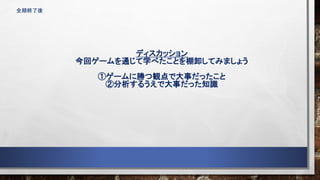 全期終了後
ディスカッション
今回ゲームを通じて学べたことを棚卸してみましょう
①ゲームに勝つ観点で大事だったこと
②分析するうえで大事だった知識
 