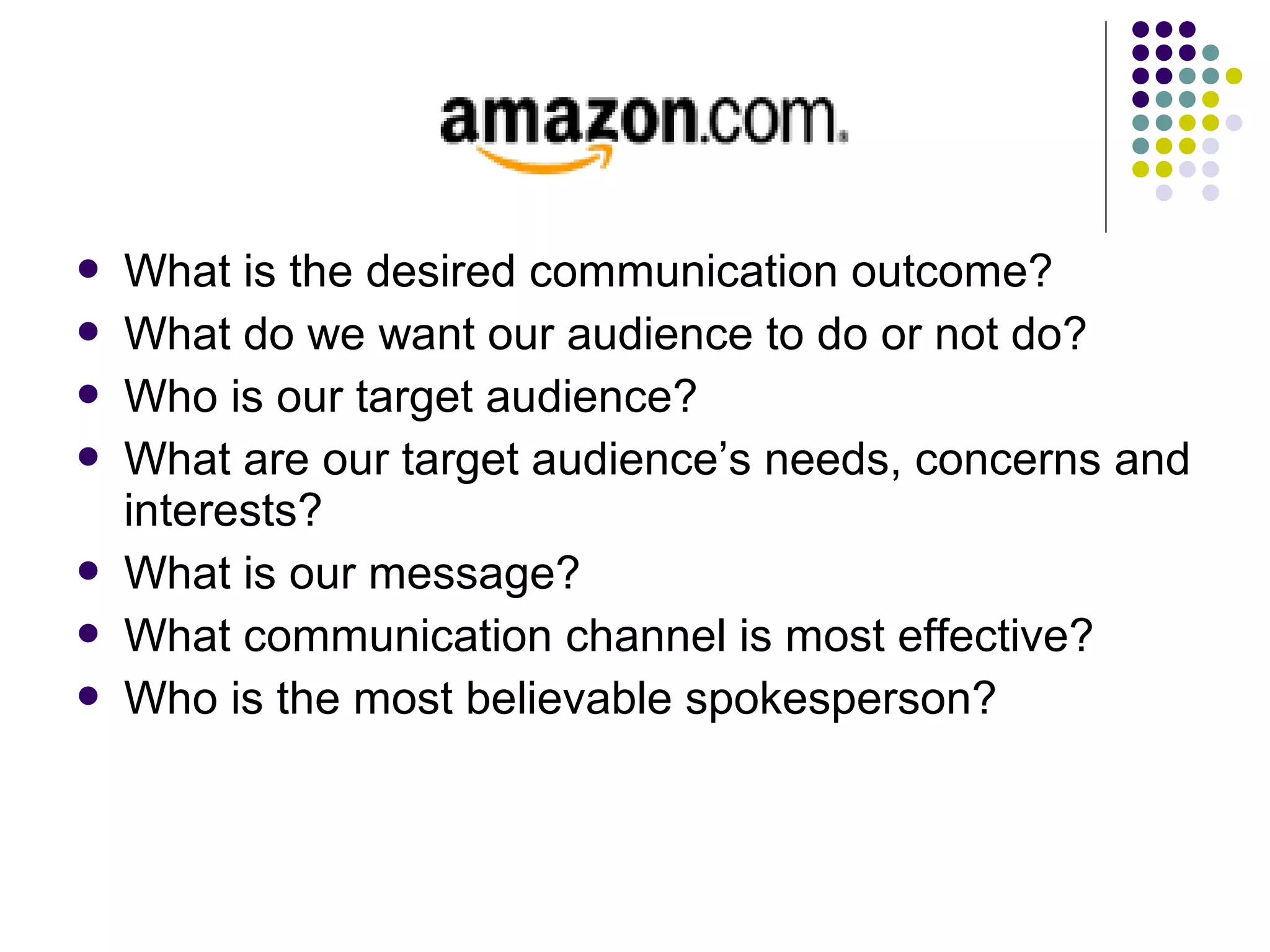  What is the desired communication outcome?
 What do we want our audience to do or not do?
 Who is our target audience?
 What are our target audience’s needs, concerns and
interests?
 What is our message?
 What communication channel is most effective?
 Who is the most believable spokesperson?
 