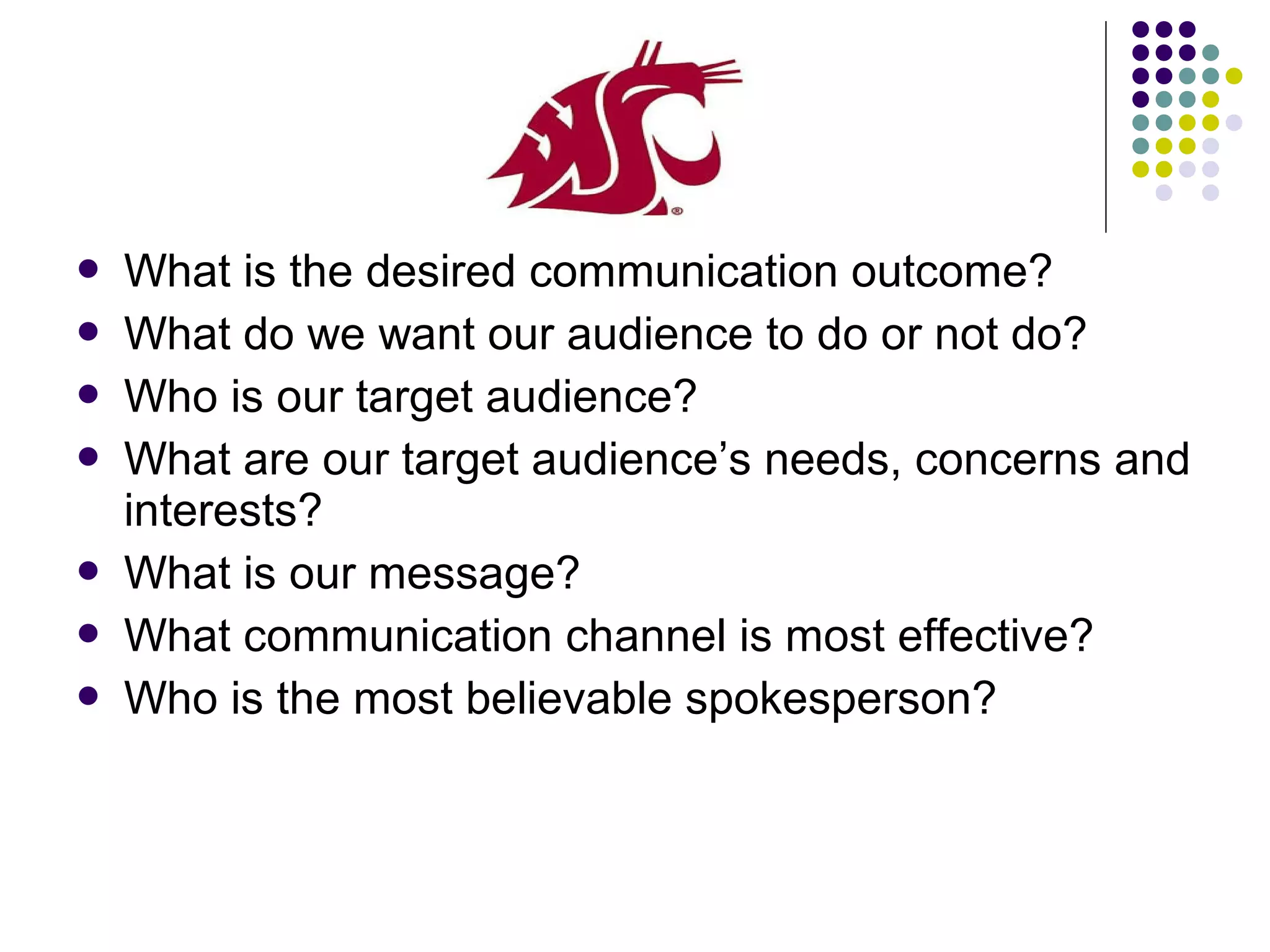  What is the desired communication outcome?
 What do we want our audience to do or not do?
 Who is our target audience?
 What are our target audience’s needs, concerns and
interests?
 What is our message?
 What communication channel is most effective?
 Who is the most believable spokesperson?
 