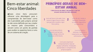 Bem-estar animal:
Cinco liberdades
■Esses cinco itens procuram
oferecer uma abordagem para a
compreensão do bem-estar como
ele é percebido pelo próprio animal
(e não como definido por seu criador
ou mesmo pelo consumidor) e
servem como um ponto de partida
para avaliar os aspectos bons e ruins
de um sistema de criação.
 