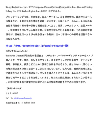 Toray Industries, Inc., RTP Company, Plasan Carbon Composites, Inc., Owens Corning,
Solvay SA, UFP Technologies, Inc., BASF などがある。
プロファイリングでは、事業概要、製品・サービス、主要財務情報、最近のニュース
や開発など、企業の主要な情報を掲載しています。全体として、当レポートは世界の
自動車用複合材料市場の詳細な概観を描いており、業界コンサルタント、装置メーカ
ー、拡大機会を探している既存企業、可能性を探している新規企業、その他の利害関
係者が、現在進行中および今後予想される動向に従って市場中心の戦略を調整するの
に役立ちます。
https://www.researchnester.jp/sample-request-656
について Research Nester
Research Nesterは戦略的市場調査とコンサルティングのリーディング・サービス・プ
ロバイダーです。業界、コングロマリット、エグゼクティブが将来のマーケティング
戦略、事業拡大、投資などのために賢明な決断を下せるよう、偏りのない比類のない
市場洞察と業界分析を提供することを目指しています。私たちは、戦略的思考を通じ
て適切なタイミングで適切なガイダンスを得ることができれば、あらゆるビジネスが
新たな地平へと拡大できると信じています。私たちの既成概念にとらわれない思考は
、お客様が将来の不確実性を回避するために賢明な決断を下すのに役立ちます。
【お問い合わせ先】
ナオミ コスギ
Eメール: info@researchnester.jp
米国の電話番号: +81 505 050 8480
 