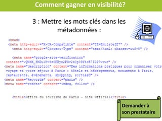 Comment gagner en visibilité?
Une URL (adresse) réécrite
Les autres pages ont aussi une adresse propre :
A éviter : http//www.gite-pays-
bergerac.fr/index.asp?20021252?$558
Conseillé : http//www.gite-pays-bergerac.fr/tarifs
Le but est de gagner en clarté et en visibilité
Demander à son
prestataire de réécrire
les urls de son site web
 