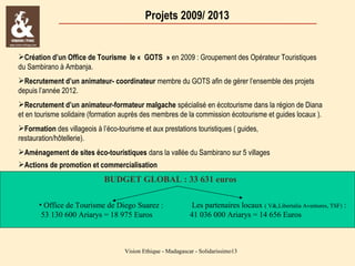 Projets 2009/ 2013

Création d’un Office de Tourisme le « GOTS » en 2009 : Groupement des Opérateur Touristiques
du Sambirano à Ambanja.
Recrutement d’un animateur- coordinateur membre du GOTS afin de gérer l’ensemble des projets
depuis l’année 2012.
Recrutement d’un animateur-formateur malgache spécialisé en écotourisme dans la région de Diana
et en tourisme solidaire (formation auprès des membres de la commission écotourisme et guides locaux ).
Formation des villageois à l’éco-tourisme et aux prestations touristiques ( guides,
restauration/hôtellerie).
Aménagement de sites éco-touristiques dans la vallée du Sambirano sur 5 villages
Actions de promotion et commercialisation

BUDGET GLOBAL : 33 631 euros
• Office de Tourisme de Diego Suarez :
53 130 600 Ariarys = 18 975 Euros

Les partenaires locaux ( V&,Libertalia Aventures, TSF) :
41 036 000 Ariarys = 14 656 Euros

Vision Ethique - Madagascar - Solidarissimo13

 