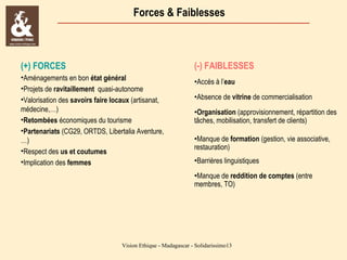 Forces & Faiblesses

(-) FAIBLESSES

(+) FORCES
•Aménagements en bon état général
•Projets de ravitaillement quasi-autonome
•Valorisation des savoirs faire locaux (artisanat,
médecine,…)
•Retombées économiques du tourisme
•Partenariats (CG29, ORTDS, Libertalia Aventure,
…)
•Respect des us et coutumes
•Implication des femmes

•Accès à l’eau
•Absence de vitrine de commercialisation
•Organisation (approvisionnement, répartition des
tâches, mobilisation, transfert de clients)
•Manque de formation (gestion, vie associative,
restauration)
•Barrières linguistiques
•Manque de reddition de comptes (entre
membres, TO)

Vision Ethique - Madagascar - Solidarissimo13

 