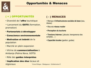 Opportunités & Menaces

( + ) OPPORTUNITÉS

( - ) MENACES

• Diversité de l’offre touristique

• Manque d’infrastructures sociales de base (eau,
réseau)

• Lancement du GOTS (formation,
promotion)

• Mauvais réseau routier

• Partenariats à développer

• Perception du tourisme

• Conscience environnementale

• Tensions internes ( jalousie, transparence des
comptes… )

• Motivation et intérêt de la

• Capacités locales (gestion, guides)

population
• Marché en plein expansion
• Vitrine de commercialisation à
Ambanja (Palma Nova, GOTS)
• Rôle des guides interprètes
• Implication des élus locaux et
régionaux

Vision Ethique - Madagascar - Solidarissimo13

 