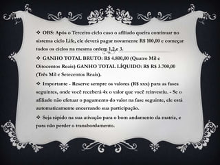  OBS: Após o Terceiro ciclo caso o afiliado queira continuar no
sistema ciclo Life, ele deverá pagar novamente R$ 100,00 e começar
todos os ciclos na mesma ordem 1,2,e 3.
 GANHO TOTAL BRUTO: R$ 4.800,00 (Quatro Mil e
Oitocentos Reais) GANHO TOTAL LÍQUIDO: R$ R$ 3.700,00
(Três Mil e Setecentos Reais).
 Importante - Reserve sempre os valores (R$ xxx) para as fases

seguintes, onde você receberá 4x o valor que você reinvestiu. - Se o
afiliado não efetuar o pagamento do valor na fase seguinte, ele está
automaticamente encerrando sua participação.
 Seja rápido na sua ativação para o bom andamento da matriz, e
para não perder o transbordamento.

 