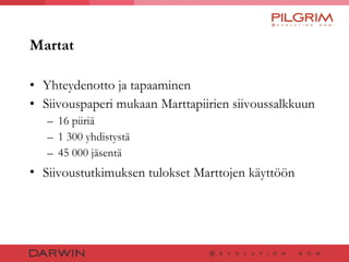 Martat Yhteydenotto ja tapaaminen  Siivouspaperi mukaan Marttapiirien siivoussalkkuun  16 piiriä 1 300 yhdistystä 45 000 jäsentä Siivoustutkimuksen tulokset Marttojen käyttöön   