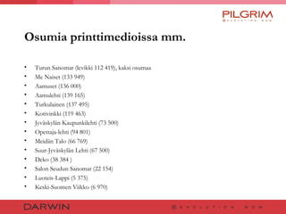 Osumia printtimedioissa mm. Turun Sanomat (levikki 112 419), kaksi osumaa Me Naiset (133 949) Aamuset (136 000) Aamulehti (139 165) Turkulainen (137 495) Kotivinkki (119 463) Jyväskylän Kaupunkilehti (73 500) Opettaja-lehti (94 801) Meidän Talo (66 769) Suur-Jyväskylän Lehti (67 500)   Deko (38 384 ) Salon Seudun Sanomat (22 154) Luoteis-Lappi (5 375) Keski-Suomen Viikko (6 970) 