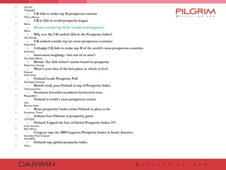 UK/EU Telegraph UK fails to make top 10 prosperous nations  This is Money UK is 12th in world prosperity league  Metro ‎ Britain outside top 10 for 'wealth and happiness' Metro Why was the UK ranked 12th in the Prosperity Index? The Herald UK ranked outside top ten most prosperous countries Daily Mail Unhappy UK fails to make top 10 of the world's most prosperous countries Scotsman Innovators laughing – but rest of us aren't The Daily Mirror Britain 'the 12th richest' nation based on prosperity  Radio Free Europe What's your idea of the best place in which to live?  Finland YLE News Finland Leads Prosperity Poll  Helsingin Sanomat  British study puts Finland at top of Prosperity Index Taloussanomat Suomesta leivottiin maailman hyvinvoivin maa Kauppalheti Finland is world´s most prosperous nation Asia Reuters India Want prosperity? Index ranks Finland as place to be  Economic Times Indians beat Chinese at prosperity game  아주경제 Finland Topped the List of Global Prosperity Index: FT Latin America MercoPress Uruguay tops the 2009 Legatum Prosperity Index in South America Australia/New Zealand NineMSN Finland tops global prosperity index Africa 