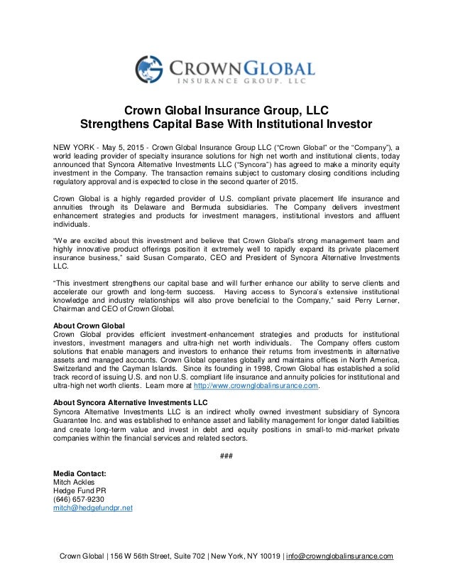 Crown Global Insurance Group, LLC Strengthens Capital Base With Insti…