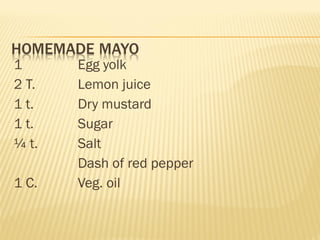 1 Egg yolk
2 T. Lemon juice
1 t. Dry mustard
1 t. Sugar
¼ t. Salt
Dash of red pepper
1 C. Veg. oil
 