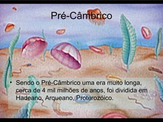 Pré-Câmbrico Sendo o Pré-Câmbrico uma era muito longa, cerca de 4 mil milhões de anos, foi dividida em Hadeano,  Arqueano, Proterozóico. 