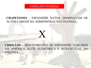 CONFLITO INTERNO

CHAPETONES - ESPANHÓIS NATOS. DOMINAVAM OS
ALTOS CARGOS DA ADMINISTRAÇÃO COLONIAL;

X
CRIOLLOS - DESCENDENTES DE ESPANHÓIS NASCIDOS
NA AMÉRICA. ELITE ECONÔMICA E INTELECTUAL DA
COLÔNIA;

 