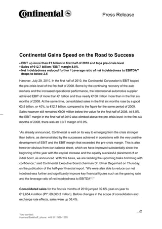 Press Release



                                               -1-




Continental Gains Speed on the Road to Success
 EBIT up more than €1 billion in first half of 2010 and tops pre-crisis level
 Sales of €12.7 billion / EBIT margin 8.0%
 Net indebtedness reduced further / Leverage ratio of net indebtedness to EBITDA**
 drops to below 2.5

Hanover, July 29, 2010. In the first half of 2010, the Continental Corporation’s EBIT topped
the pre-crisis level of the first half of 2008. Borne by the continuing recovery of the auto
markets and the increased operational performance, the international automotive supplier
achieved EBIT of more than €1 billion and thus nearly €100 million more than in the first six
months of 2008. At the same time, consolidated sales in the first six months rose by a good
€3.5 billion, or 40%, to €12.7 billion, compared to the figure for the same period of 2009.
Sales however still remained €600 million below the value for the first half of 2008. At 8.0%,
the EBIT margin in the first half of 2010 also climbed above the pre-crisis level: in the first six
months of 2008, there was an EBIT margin of 6.9%.


“As already announced, Continental is well on its way to emerging from the crisis stronger
than before, as demonstrated by the successes achieved in operations with the very positive
development of EBIT and the EBIT margin that exceeded the pre-crisis margin. This is also
however obvious from our balance sheet, which we have improved substantially since the
beginning of the year with the capital increase and the equally successful placement of an
initial bond, as announced. With this basis, we are tackling the upcoming tasks brimming with
confidence,” said Continental Executive Board chairman Dr. Elmar Degenhart on Thursday,
on the publication of the half-year financial report. “We were also able to reduce our net
indebtedness further and significantly improve key financial figures such as the gearing ratio
and the leverage ratio of net indebtedness to EBITDA**.”


Consolidated sales for the first six months of 2010 jumped 39.6% year-on-year to
€12,654.4 million (PY: €9,063.2 million). Before changes in the scope of consolidation and
exchange rate effects, sales were up 36.4%.


                                                                                               .../2
Your contact:
Hannes Boekhoff, phone: +49 511 938-1278
 