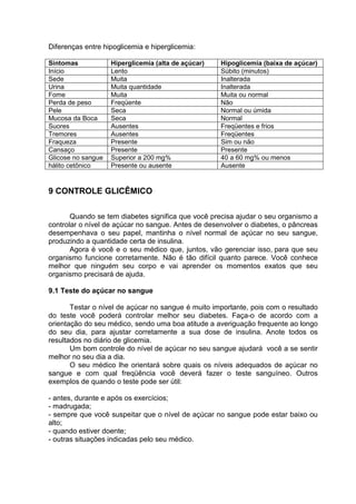 Diferenças entre hipoglicemia e hiperglicemia:

Sintomas            Hiperglicemia (alta de açúcar)   Hipoglicemia (baixa de açúcar)
Início              Lento                            Súbito (minutos)
Sede                Muita                            Inalterada
Urina               Muita quantidade                 Inalterada
Fome                Muita                            Muita ou normal
Perda de peso       Freqüente                        Não
Pele                Seca                             Normal ou úmida
Mucosa da Boca      Seca                             Normal
Suores              Ausentes                         Freqüentes e frios
Tremores            Ausentes                         Freqüentes
Fraqueza            Presente                         Sim ou não
Cansaço             Presente                         Presente
Glicose no sangue   Superior a 200 mg%               40 a 60 mg% ou menos
hálito cetônico     Presente ou ausente              Ausente


9 CONTROLE GLICÊMICO

       Quando se tem diabetes significa que você precisa ajudar o seu organismo a
controlar o nível de açúcar no sangue. Antes de desenvolver o diabetes, o pâncreas
desempenhava o seu papel, mantinha o nível normal de açúcar no seu sangue,
produzindo a quantidade certa de insulina.
       Agora é você e o seu médico que, juntos, vão gerenciar isso, para que seu
organismo funcione corretamente. Não é tão difícil quanto parece. Você conhece
melhor que ninguém seu corpo e vai aprender os momentos exatos que seu
organismo precisará de ajuda.

9.1 Teste do açúcar no sangue

       Testar o nível de açúcar no sangue é muito importante, pois com o resultado
do teste você poderá controlar melhor seu diabetes. Faça-o de acordo com a
orientação do seu médico, sendo uma boa atitude a averiguação frequente ao longo
do seu dia, para ajustar corretamente a sua dose de insulina. Anote todos os
resultados no diário de glicemia.
       Um bom controle do nível de açúcar no seu sangue ajudará você a se sentir
melhor no seu dia a dia.
       O seu médico lhe orientará sobre quais os níveis adequados de açúcar no
sangue e com qual freqüência você deverá fazer o teste sanguíneo. Outros
exemplos de quando o teste pode ser útil:

- antes, durante e após os exercícios;
- madrugada;
- sempre que você suspeitar que o nível de açúcar no sangue pode estar baixo ou
alto;
- quando estiver doente;
- outras situações indicadas pelo seu médico.
 
