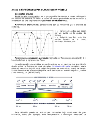 Anexo I: ESPECTROSCOPIA ULTRAVIOLETA-VISIBLE

    Conceptos previos
    Radiación electromagnética: es la propagación de energía a través del espacio
sin soporte de materia, es decir, a través de ondas producidas por la oscilación o
aceleración de una carga eléctrica (dualidad onda-partícula).

   Naturaleza ondulatoria: caracterizada por su frecuencia (ν) o longitud de
onda (λ).

                                               ν = número de ondas que pasan
                                               por un punto en la unidad de
                                               tiempo.
                                c
                           λ=                  λ = distancia que hay ente dos
                                               puntos  iguales  de    la onda,
                                ν              máximos, mínimos, etc.




    Naturaleza corpuscular, partícula: formada por fotones con energía (E) E =
h ν, donde h es la constante de Plank.

    La radiación electromagnética se puede ordenar en un espectro que se extiende
desde ondas de frecuencias muy elevadas (longitudes de onda pequeñas; rayos
gamma) hasta frecuencias muy bajas (longitudes de onda altas; ondas de radio).
La luz UV-visible es sólo una pequeña parte del espectro electromagnético, visible
(780-380nm); UV (380-200nm).




    Esta radiación puede ser emitida por sustancias bajo condiciones de gran
excitación, como por ejemplo, altas temperaturas o descargas eléctricas. La
 
