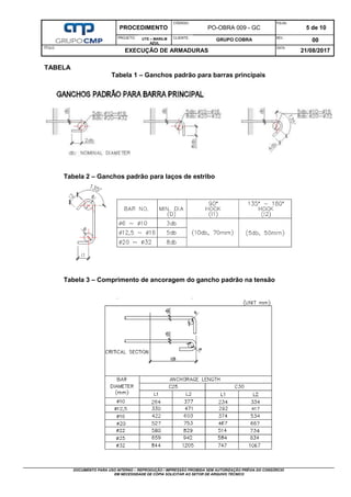 PROCEDIMENTO
CÓDIGO:
PO-OBRA 009 - GC
FOLHA:
5 de 10
PROJETO: UTE – MARILM
AZUL
CLIENTE:
GRUPO COBRA REV.:
00
TÍTULO:
EXECUÇÃO DE ARMADURAS
DATA:
21/08/2017
DOCUMENTO PARA USO INTERNO – REPRODUÇÃO / IMPRESSÃO PROIBIDA SEM AUTORIZAÇÃO PRÉVIA DO CONSÓRCIO
EM NECESSIDADE DE CÓPIA SOLICITAR AO SETOR DE ARQUIVO TÉCNICO
TABELA
Tabela 1 – Ganchos padrão para barras principais
Tabela 2 – Ganchos padrão para laços de estribo
Tabela 3 – Comprimento de ancoragem do gancho padrão na tensão
 
