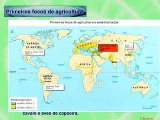 • Surgem no crescente fértil, nos vales dos grandes rios
(Próximo Oriente).
• Neolítico – 8º a 4º milénio. O Homem torna-se produtor.
• Economia de Produção: Agricultura+Pastorícia.
• Zonas agrícolas:
– Próximo Oriente – Trigo, cevada
– América – Milho, Feijão
– Ásia – Arroz
Pastorícia - surge no crescente fértil – cão, carneiro e cabra
Difunde-se no mundo com a domesticação do porco, camelo,
cavalo e aves de capoeira.
Primeiros focos de agricultura
F.M.Serrão
 