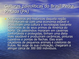 Culturas paleolíticas do Brasil:Pedra Pintada (PA) Os brasileiros pré-históricos daquela região sustentaram-se com uma economia estável e produziram uma cultura e tecnologias bastante superiores às de seus primos da América do Norte. Os paleoíndios moraram em cavernas confortáveis e protegidas, tinham uma dieta mais saudável e produziram cerâmicas, pinturas rupestres e pontas de flechas. Eles eram caçadores de pequenos animais e coletores de frutas. No auge de sua civilização, chegaram a abrigar cerca de 300 000 indivíduos. 