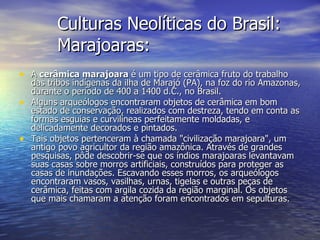 Culturas Neolíticas do Brasil: Marajoaras: A  cerâmica marajoara  é um tipo de cerâmica fruto do trabalho das tribos indígenas da ilha de Marajó (PA), na foz do rio Amazonas, durante o período de 400 a 1400 d.C., no Brasil. Alguns arqueólogos encontraram objetos de cerâmica em bom estado de conservação, realizados com destreza, tendo em conta as formas esguias e curvilíneas perfeitamente moldadas, e delicadamente decorados e pintados. Tais objetos pertenceram à chamada "civilização marajoara", um antigo povo agricultor da região amazônica. Através de grandes pesquisas, pôde descobrir-se que os índios marajoaras levantavam suas casas sobre morros artificiais, construídos para proteger as casas de inundações. Escavando esses morros, os arqueólogos encontraram vasos, vasilhas, urnas, tigelas e outras peças de cerâmica, feitas com argila cozida da região marginal. Os objetos que mais chamaram a atenção foram encontrados em sepulturas. 